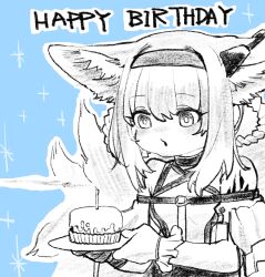 Rule 34 | 1girl, animal ear fluff, animal ears, arknights, birthday cake, black collar, braid, braided hair rings, cake, collar, commentary request, earpiece, food, fox ears, fox girl, fox tail, hair rings, hairband, happy birthday, highres, holding, holding plate, material growth, monochrome, open mouth, oripathy lesion (arknights), plate, shima (wideshi ma), solo, suzuran (arknights), tail, twin braids, upper body