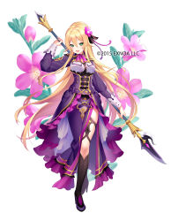 Rule 34 | 1girl, :d, ascot, belt, black footwear, blonde hair, boots, braid, braided bun, corset, dress, flower, flower knight girl, frills, full body, gel (chiericyan), green eyes, hair between eyes, hair bun, hair flower, hair ornament, highres, holding, holding polearm, holding spear, holding weapon, knee boots, leucophyllum (flower knight girl), long hair, looking at viewer, name connection, object namesake, official art, open mouth, pink ascot, polearm, purple dress, side slit, simple background, single hair bun, smile, solo, spear, standing, weapon, white background