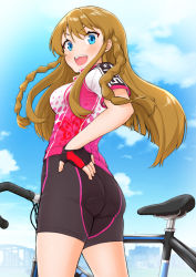 Rule 34 | 1girl, :d, ass, bicycle, bike jersey, bike shorts, black gloves, black shorts, blue eyes, blue sky, blush, braid, breasts, brown hair, cloud, cowboy shot, day, fingerless gloves, from below, from side, gloves, hand on own hip, highres, idolmaster, idolmaster million live!, kousaka umi, light blush, long hair, looking at viewer, looking to the side, medium breasts, open mouth, outdoors, short sleeves, shorts, sidelocks, sky, skyline, smile, solo, standing, takuji yuusaku, teeth, twin braids, upper teeth only, v-shaped eyebrows
