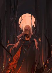 Rule 34 | 1girl, cape, death (entity), embers, fire, forest, full moon, glowing, glowing eyes, grim reaper, highres, holding, holding scythe, hololive, hololive english, holomyth, jawli, looking at viewer, moon, mori calliope, nature, night, night sky, scythe, shoulder spikes, sky, spikes, tiara, veil, virtual youtuber