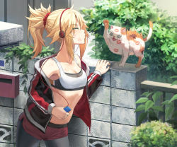 Rule 34 | 1girl, bare shoulders, blonde hair, blush, breasts, cat, closed eyes, digital media player, fate/apocrypha, fate/grand order, fate (series), headphones, highres, jacket, long hair, long sleeves, mordred (fate), mordred (fate/apocrypha), off shoulder, open clothes, open jacket, pantyhose, parted bangs, ponytail, puckered lips, short shorts, shorts, sidelocks, small breasts, sports bra, tonee