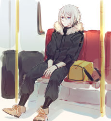 Rule 34 | 1boy, bad id, bad pixiv id, blue eyes, csyday, fate/grand order, fate (series), fur-trimmed jacket, fur trim, grey hair, hair between eyes, highres, jacket, male focus, no mask, prince of lan ling (fate), short hair, sitting, solo, train interior