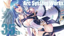 Rule 34 | 1girl, angel wings, anniversary, arc system works, asymmetrical wings, bare shoulders, belt, black panties, blue hair, breasts, cleavage, commentary request, copyright name, dizzy (guilty gear), feathered wings, feathers, guilty gear, guilty gear xrd, hair ribbon, highres, large breasts, long hair, mariebell, monster girl, open mouth, panties, ribbon, sidelocks, solo, teeth, thick thighs, thigh strap, thighs, twintails, underwear, upper teeth only, very long hair, wide sleeves, wings, yellow ribbon