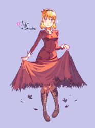 Rule 34 | 1girl, aki shizuha, blonde hair, blue background, boots, brown footwear, character name, collared shirt, commentary, cross-laced footwear, english commentary, english text, hair between eyes, knee boots, lace-up boots, long sleeves, looking at viewer, orange eyes, pixel art, red shirt, red skirt, shirt, short hair, skirt, skirt hold, smile, solo, teasmacker, touhou