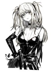 Rule 34 | 1girl, absurdres, amane misa, breasts, choker, cleavage, cross, cross earrings, cross necklace, death note, detached sleeves, dress, earrings, greyscale, hand on own hip, highres, jewelry, large breasts, long hair, looking at viewer, monochrome, necklace, parted lips, remsrar, simple background, solo, two side up