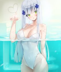 Rule 34 | 1girl, ankkoyom, arm behind back, blush, breasts, cleavage, covered navel, facial mark, girls&#039; frontline, green eyes, hair ornament, highres, hk416 (girls&#039; frontline), long hair, looking at viewer, one-piece swimsuit, parted lips, partially submerged, partially underwater shot, revision, silver hair, solo, swimsuit, underwater, wading