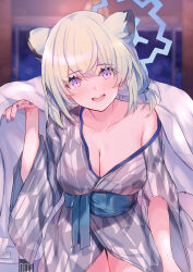 Rule 34 | 1girl, animal ears, bath yukata, blue archive, breasts, cleavage, collarbone, extra ears, fingernails, green hair, halo, highres, indoors, japanese clothes, kimono, large breasts, looking at viewer, mi taro333, nail polish, official alternate costume, shigure (blue archive), shigure (hot spring) (blue archive), single bare shoulder, solo, under covers, weasel ears, yukata