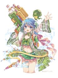 Rule 34 | 1girl, :d, ahoge, blue eyes, blue hair, blush, bow, braid, choker, collarbone, frog, green bow, green choker, hair bow, holding, holding water gun, miniskirt, navel, open mouth, rento (rukeai), shironeko project, simple background, skirt, smile, solo, swimsuit, thigh strap, tsuyuha (shironeko project), twitter username, water, water gun, white background