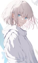 Rule 34 | 1boy, blue eyes, fate/grand order, fate (series), from side, gongthreeone, hashtag-only commentary, highres, jacket, looking at viewer, male focus, oberon (fate), oberon (refreshing summer prince) (fate), smile, tagme, upper body, white hair, white jacket