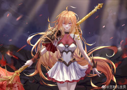 Rule 34 | 1girl, alternate hair color, arm guards, artist request, asymmetrical sleeves, bare legs, blonde hair, blood, blood on face, cloud, cloudy sky, dark, douluo dalu, dress, highres, light rays, long hair, polearm, second-party source, serious, shoulder guard, sky, solo, spear, upper body, wang qiu er (douluo dalu), weapon, white dress