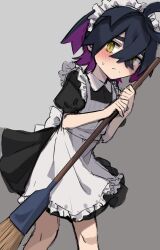 Rule 34 | 1boy, alternate costume, apron, black dress, black hair, blush, broom, closed mouth, creatures (company), crossed bangs, dress, enmaided, frilled apron, frills, game freak, grey background, hair between eyes, highres, holding, holding broom, kieran (pokemon), looking at viewer, maid, maid headdress, male focus, mitorizu 02, multicolored hair, nintendo, pokemon, pokemon sv, purple hair, short sleeves, simple background, solo, sweat, trap, white apron, yellow eyes