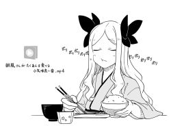 Rule 34 | 1girl, asakaze (kancolle), bow, bowl, chopsticks, commentary request, eating, forehead, fujinoki (horonabe-ken), furisode, greyscale, hair bow, japanese clothes, kantai collection, kimono, lineart, long hair, meiji schoolgirl uniform, monochrome, parted bangs, rice, rice bowl, sidelocks, simple background, solo, translation request, upper body, wavy hair