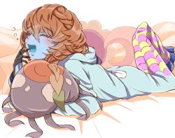 Rule 34 | 1girl, blue skin, blue tongue, blush, braid, brown hair, closed eyes, colored skin, colored tongue, crescent print, crown braid, fangs, fate/grand order, fate (series), floral print, green pajamas, highres, hood, hood down, lying, on stomach, open mouth, pajamas, pillow, shimogamo (shimomo 12), side braid, sleepy, solo, sunflower print, tearing up, teeth, tongue, van gogh (fate), van gogh (second ascension) (fate)