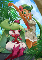 Rule 34 | 1girl, :d, absurdres, cloud, commentary request, creatures (company), dappled sunlight, dark-skinned female, dark skin, flower, game freak, gen 7 pokemon, green eyes, green hair, green headband, grey overalls, hair flower, hair ornament, headband, highres, lens flare, long hair, looking at another, mallow (pokemon), nintendo, ocean, open mouth, outdoors, overall shorts, overalls, palm tree, pink flower, pink shirt, pokemon, pokemon (creature), pokemon sm, refisa, shirt, smile, solo, standing, stretching, sunlight, swept bangs, teeth, tree, tree shade, tsareena, twintails, upper teeth only