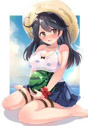 Rule 34 | 1girl, absurdres, barefoot, black hair, blue skirt, blush, breasts, brown eyes, casual one-piece swimsuit, cleavage, cloud, commission, embarrassed, festa11307070, food, fruit, hat, highres, kantai collection, large breasts, long hair, looking at viewer, one-piece swimsuit, open mouth, outdoors, pleated skirt, polka dot, polka dot swimsuit, scrunchie, sitting, skeb commission, skirt, sky, solo, straw hat, swimsuit, thigh strap, tight clothes, toes, ushio (kancolle), wariza, watermelon, wavy mouth, white one-piece swimsuit, wrist scrunchie