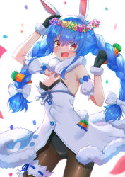 Rule 34 | 1girl, absurdres, animal ear fluff, animal ears, arm up, bare shoulders, black gloves, black leotard, blue flower, blue hair, bow, braid, breasts, brown pantyhose, carrot hair ornament, detached sleeves, don-chan (usada pekora), dress, flower, flower wreath, food-themed hair ornament, fur-trimmed dress, fur-trimmed gloves, fur trim, gloves, hair between eyes, hair bow, hair ornament, head wreath, highres, hololive, kutar22, leotard, multicolored hair, pantyhose, pink flower, puffy short sleeves, puffy sleeves, purple flower, rabbit ears, short eyebrows, short sleeves, small breasts, strapless, strapless dress, thick eyebrows, twin braids, twintails, two-tone hair, usada pekora, usada pekora (1st costume), virtual youtuber, white background, white bow, white dress, white flower, white sleeves, yellow flower