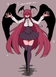 Rule 34 | 1girl, black skirt, black thighhighs, black wings, blush, breasts, brown background, brown footwear, buttons, collared shirt, commentary request, demon girl, demon wings, drooling, english text, full body, hair between eyes, hands up, head wings, heart, high-waist skirt, highres, koakuma, kuri dora, loafers, long bangs, long hair, long sleeves, looking at viewer, medium breasts, open mouth, pleated skirt, red eyes, red hair, shirt, shoes, sidelocks, simple background, skirt, smile, solo, thighhighs, touhou, very long hair, walking, white shirt, wings