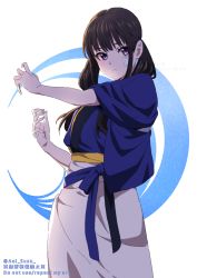 Rule 34 | 1girl, aoi suzu, apron, artist name, bandaid, bandaid on cheek, bandaid on face, black hair, blue kimono, closed mouth, commentary request, highres, inoue takina, japanese clothes, kimono, long hair, looking at viewer, lycoris recoil, purple eyes, sleeves rolled up, solo, twintails, upper body, wide sleeves