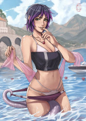 Rule 34 | bikini, boat, breasts, clothes pull, dakushido, highres, one-piece swimsuit pull, swimsuit, tentacles, water, watercraft