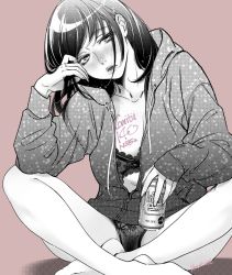 Rule 34 | 1girl, adjusting hair, alcohol, bare legs, beer, beer can, blush, body writing, bra, can, collarbone, comitia, drawstring, drink can, female focus, female pubic hair, greyscale, halftone, head tilt, holding, holding can, hood, hood down, hooded jacket, indian style, jacket, kerorin, lace, lace bra, lace panties, lips, looking at viewer, monochrome, original, panties, parted lips, partially unzipped, pubic hair, purple background, signature, simple background, sitting, solo, spot color, underwear, writing on breasts