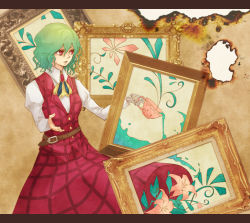 Rule 34 | 1girl, ascot, breasts, brooch, burnt, collared shirt, flower, green hair, hair between eyes, jewelry, juliet sleeves, kazami yuuka, letterboxed, long skirt, long sleeves, looking to the side, open mouth, painting (object), plaid, plaid skirt, plaid vest, pouring, puffy long sleeves, puffy sleeves, red eyes, red skirt, red vest, semicolon, shirt, short hair, skeleton, skirt, skirt set, small breasts, solo, standing, surreal, touhou, vest, water, wavy hair, white shirt