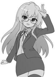 Rule 34 | 1girl, :d, aisaka taiga, arm at side, black-framed eyewear, bolo tie, collared shirt, commentary, cowboy shot, dot nose, dress shirt, english commentary, furrowed brow, glasses, hair between eyes, hair over shoulder, hand up, jacket, light blush, long hair, long sleeves, looking at viewer, mikoscrub, miniskirt, office lady, open mouth, pencil skirt, semi-rimless eyewear, shirt, shirt tucked in, sidelocks, simple background, skindentation, skirt, smile, solo, standing, straight hair, suit jacket, thighhighs, toradora!, v, very long hair, white background, zettai ryouiki