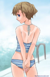 Rule 34 | 1girl, back, bikini, blue eyes, brown hair, cowboy shot, day, from behind, halterneck, looking back, mattaku mousuke, one-piece tan, original, outdoors, own hands together, solo, striped bikini, striped clothes, swimsuit, tan, tankini, tanline, watermark, web address