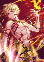 Rule 34 | 1boy, armor, blonde hair, chain, ea (fate/stay night), earrings, enkidu (weapon) (fate), fate/stay night, fate (series), faulds, fire, frown, geroro, gilgamesh (fate), gold armor, jewelry, looking at viewer, male focus, necklace, red eyes, solo, tattoo, toned, toned male, topless male, upper body