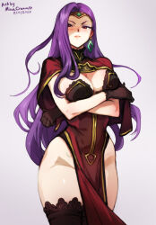 Rule 34 | 1girl, blush, breasts, cape, circlet, cleavage, crossed arms, dress, earrings, fire emblem, fire emblem echoes: shadows of valentia, fire emblem gaiden, gloves, jewelry, lace, lace-trimmed legwear, lace trim, large breasts, long hair, looking at viewer, mature female, mina cream, nintendo, purple hair, simple background, smile, solo, sonya (fire emblem gaiden), thick thighs, thighhighs, thighs, tiara