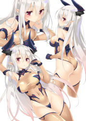 Rule 34 | 10s, 1girl, :&lt;, arm up, armpits, ass, bare back, bare shoulders, blush, breast press, breasts, butt crack, clenched hand, closed mouth, colo mag-chan, covered navel, draph, elbow gloves, eyebrows, female focus, from behind, gloves, gradient hair, granblue fantasy, groin, hair between eyes, halterneck, highleg, highleg leotard, horns, kani biimu, leotard, long hair, looking at viewer, looking back, medium breasts, multicolored hair, multiple views, original, parted lips, pointy ears, red eyes, shiny clothes, shiny skin, sideboob, sidelocks, simple background, skin tight, standing, thighhighs, turtleneck, white background, white hair