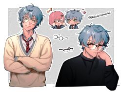 Rule 34 | 1boy, 1girl, :t, ^ ^, bespectacled, black sweater, blue hair, bob cut, border, borrowed clothes, bow, bowtie, cheek press, chibi, closed eyes, closed mouth, collared shirt, crossed arms, glasses, green eyes, grey hair, habataki academy school uniform, hair ornament, hairclip, hand up, head rest, head tilt, heart, hibidaikansya2, himuro inori, long sleeves, looking at another, looking at viewer, multiple views, necktie, outline, outside border, over-rim eyewear, pink hair, protagonist (tokimemo gs4), red bow, red bowtie, red necktie, round eyewear, school uniform, screentones, semi-rimless eyewear, shirt, short hair, sideways glance, smile, sweater, tokimeki memorial, tokimeki memorial girl&#039;s side 4th heart, turtleneck, twitter username, white outline, white shirt, yellow sweater
