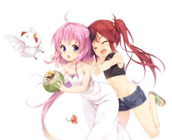 Rule 34 | 2girls, crop top, dress, closed eyes, fang, koto-channel, kotoha (koto channel), leaning forward, long hair, midriff, multiple girls, navel, open mouth, pink eyes, pink hair, ponytail, red hair, rito (koto channel), sandals, senji (tegone spike), short shorts, shorts, side ponytail, sleeveless, sleeveless turtleneck, smile, sundress, turtleneck, unbuttoned, very long hair