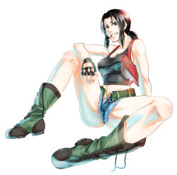 Rule 34 | 1girl, absurdres, amakara neko, bare shoulders, belt, black lagoon, boots, breasts, brown eyes, brown hair, cigarette, combat boots, cross-laced footwear, denim, denim shorts, full body, grin, highres, holster, lace-up boots, large breasts, long hair, looking at viewer, midriff, ponytail, revy (black lagoon), short shorts, shorts, shoulder holster, simple background, sitting, smile, smoking, solo, spread legs, tank top, thighs, toned, white background