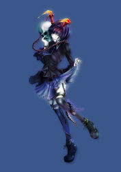 Rule 34 | 1girl, absurdres, anklet, black dress, black footwear, black thighhighs, blue background, boots, bug, centipede, closed mouth, cross, cross-laced footwear, dress, fire, hair ornament, highres, jewelry, koyadofu, lace-up boots, looking at viewer, multicolored clothes, multicolored hair, multicolored skirt, original, short hair, simple background, skirt, skull, solo, thighhighs
