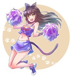 Rule 34 | 1girl, bare shoulders, black hair, blake belladonna, bow, cat tail, cheerleader, clothes writing, fang, full body, hair bow, iesupa, long hair, midriff, miniskirt, paw print, paw print background, pom pom (cheerleading), rwby, shoes, skirt, sneakers, solo, stomach, tail, yellow eyes