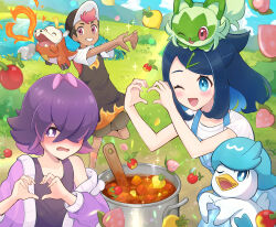 Rule 34 | 1boy, 2girls, ;d, absurdres, apron, berry (pokemon), blue apron, blue eyes, blush, bright pupils, commentary request, cooking pot, cowlick, creatures (company), curry, day, dot (pokemon), eyelashes, fire, food, fuecoco, game freak, grass, grin, hair over one eye, haru (haruxxe), heart, heart hands, highres, liko (pokemon), multiple girls, nintendo, off shoulder, one eye closed, open mouth, outdoors, pink eyes, pokemon, pokemon (anime), pokemon horizons, purple eyes, purple hair, quaxly, roy (pokemon), shirt, short sleeves, sleeveless, sleeveless shirt, smile, sprigatito, t-shirt, teeth, water, white pupils, white shirt