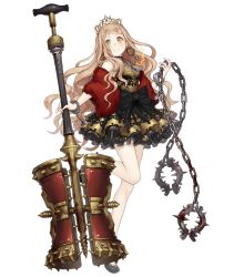 Rule 34 | 1girl, blonde hair, chain, club (weapon), cuffs, earrings, frilled skirt, frills, full body, fur, gold trim, handcuffs, holding club, holding weapon, jewelry, ji no, lock, long hair, looking at viewer, necklace, official art, orange hair, padlock, red riding hood (sinoalice), ribbon, shackles, sinoalice, skirt, smile, solo, spikes, standing, standing on one leg, tiara, torture instruments, transparent background, weapon