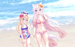 Rule 34 | 2girls, :d, animal ear fluff, animal ears, artist name, bare arms, bare shoulders, beach, bikini, blonde hair, blue bow, blue eyes, blurry, blurry background, blush, bow, braid, breasts, casual one-piece swimsuit, cat ears, cat girl, cat tail, closed mouth, collarbone, commentary request, day, depth of field, double bun, floral print, flower, frilled bikini, frilled swimsuit, frills, fringe trim, glasses, hagoromo, hair between eyes, hair bow, hair bun, hair flower, hair ornament, hand up, highres, long hair, medium breasts, multiple girls, nami (nyaa), navel, one-piece swimsuit, open mouth, orange flower, original, outdoors, pink bikini, print bikini, print swimsuit, round eyewear, sand, shawl, silver hair, smile, standing, swimsuit, tail, very long hair, water, waves, white one-piece swimsuit