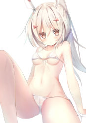 Rule 34 | 1girl, :&lt;, ayanami (azur lane), azur lane, bad id, bad pixiv id, bare arms, bare shoulders, bikini, blush, breasts, brown eyes, closed mouth, collarbone, front-tie bikini top, front-tie top, gluteal fold, hair between eyes, hair ornament, hairclip, headgear, high ponytail, highres, knee up, light brown hair, long hair, looking at viewer, lying, medium breasts, natuna natu, on back, ponytail, sidelocks, simple background, solo, swimsuit, very long hair, white background, white bikini