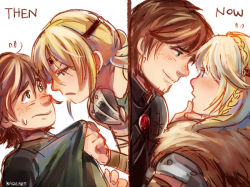 Rule 34 | 1boy, 1girl, astrid hofferson, blonde hair, blue eyes, blush, braid, brown hair, comparison, couple, eye contact, freckles, grabbing another&#039;s chin, green eyes, hair over shoulder, hand on another&#039;s chin, hetero, hiccup horrendous haddock iii, how to train your dragon, how to train your dragon 2, kadeart, long hair, looking at another, aged up, role reversal, shirt grab, short hair, single braid, sweatdrop