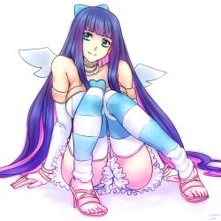 Rule 34 | 10s, 1girl, absurdres, aqua eyes, bare shoulders, blue thighhighs, bow, breasts, bridal gauntlets, choker, colored inner hair, elbow gloves, gloves, hair bow, highres, jadf, knees together feet apart, long hair, monorus, multicolored hair, panty &amp; stocking with garterbelt, pink hair, purple hair, sandals, sitting, solo, stocking (psg), striped clothes, striped thighhighs, thighhighs, toes, two-tone hair, very long hair, white gloves