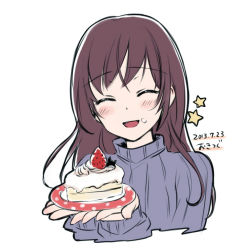 Rule 34 | 1girl, blush, brown hair, cake, dated, facing viewer, food, fruit, in palm, long hair, open mouth, simple background, smile, solo, star (symbol), strawberry, takeuchi aya, white background