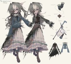 Rule 34 | 1girl, absurdres, blue jacket, blue shirt, boots, brown dress, brown footwear, brown hair, character sheet, colored eyepatch, commission, dress, eyepatch, frilled dress, frills, gloves, grey eyes, grey hair, highres, jacket, long hair, meyou 0319, multicolored clothes, multicolored dress, multicolored hair, original, shirt, solo, streaked hair