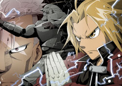 Rule 34 | 3boys, alphonse elric, armor, blonde hair, brothers, brown eyes, commentary request, edward elric, electricity, fighting stance, frown, full armor, fullmetal alchemist, furrowed brow, gloves, grey hair, highres, male focus, multiple boys, niwatori sennin, own hands together, scar (fma), serious, siblings, white gloves