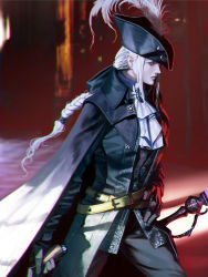 Rule 34 | 1girl, belt, belt buckle, black cape, black gloves, black hat, bloodborne, braid, buckle, cape, chromatic aberration, closed mouth, feathers, frills, gloves, glowing, glowing eyes, hand on own hip, hat, hat feather, highres, holding, holding sword, holding weapon, lady maria of the astral clocktower, long hair, moruga, red eyes, solo, sword, weapon, white hair, yellow belt