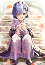 Rule 34 | 10s, 1girl, blue eyes, blue hair, blue ribbon, blush, breasts, cleavage, detached sleeves, eredhen, fingernails, fingers together, hair ornament, hair over one eye, hair ribbon, highres, looking at viewer, maid, maid headdress, mary janes, matching hair/eyes, pink ribbon, re:zero kara hajimeru isekai seikatsu, rem (re:zero), ribbon, shoes, short hair, sitting, sitting on stairs, smile, solo, stairs, steepled fingers, thighhighs, x hair ornament