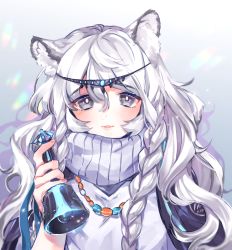 Rule 34 | 1girl, animal ear fluff, animal ears, arknights, bell, blush, braid, commentary request, dress, gradient background, grey background, grey eyes, hair between eyes, hand up, head chain, hibarisann, highres, holding, holding bell, jewelry, leopard ears, long hair, looking at viewer, parted lips, partial commentary, pramanix (arknights), silver hair, solo, turtleneck, turtleneck dress, twin braids, upper body, white background, white dress
