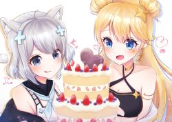 Rule 34 | 2girls, absurdres, animal ears, armpit crease, bare shoulders, blonde hair, blue eyes, blush, breasts, cake, cat ears, cat girl, cleavage, cleavage cutout, closed mouth, clothing cutout, criss-cross halter, earrings, food, fruit, fuura yuri, grey eyes, halterneck, harumatsu, highres, jewelry, kaneko lumi, kaneko lumi (1st costume), layer cake, licking lips, medium breasts, multiple girls, off shoulder, open mouth, phase connect, second-party source, simple background, small breasts, smile, star (symbol), star earrings, strawberry, tongue, tongue out, virtual youtuber, white background, white hair
