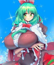 Rule 34 | 1girl, blue background, blush, bow, breasts, closed mouth, covered erect nipples, cross-laced clothes, cross-laced dress, dress, frilled bow, frilled ribbon, frills, front ponytail, green eyes, green hair, hair ornament, hair ribbon, highres, huge breasts, kagiyama hina, long dress, long hair, looking at viewer, red bow, red dress, red ribbon, ribbon, short sleeves, signature, smile, solo, sparkle, touhou, umigarasu (kitsune1963), upper body