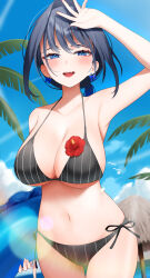 Rule 34 | 1girl, :d, absurdres, alternate costume, aotake iro, bare shoulders, bikini, black bikini, black hair, blue eyes, blue hair, blue sky, blush, bow, bow earrings, breasts, cleavage, collarbone, commentary, day, earrings, english commentary, fang, flower, hair intakes, hibiscus, highres, holding, holding swim ring, holocouncil, hololive, hololive english, innertube, jewelry, large breasts, looking at viewer, midriff, navel, open mouth, ouro kronii, outdoors, palm tree, red flower, ribbon earrings, short hair, side-tie bikini bottom, sideboob, sky, smile, solo, stomach, striped bikini, striped clothes, swim ring, swimsuit, tree, underboob, virtual youtuber